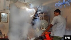 Un hombre fumiga una vivienda