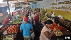 Varias personas compran productos en un mercado agropecuario en una foto de archivo.