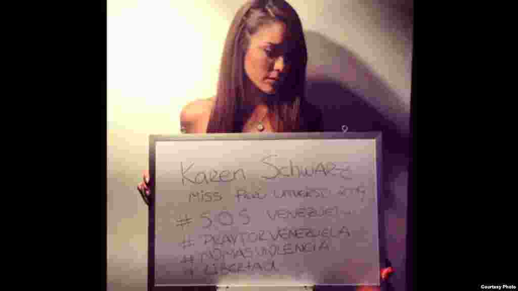 La Miss Perú 2009 Karen Schwarz colocó en su cuenta de Twitter un #SOSVenezuela uniéndose al dolor de los venezolanos