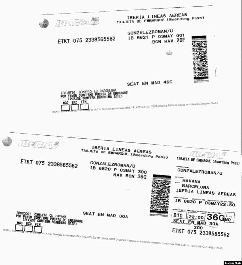 Tarjetas de embarque de Urbano González en vuelo de Iberia.