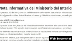 Nota informativa del MININT sobre la detención de cuatro cubano estadounidenses a quienes se acusa de planes terroristas