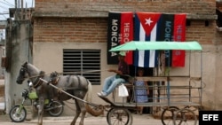  Un hombre conduce una carreta tirada por un caballo, en una calle de la provincia de Camaguey, Cuba. 